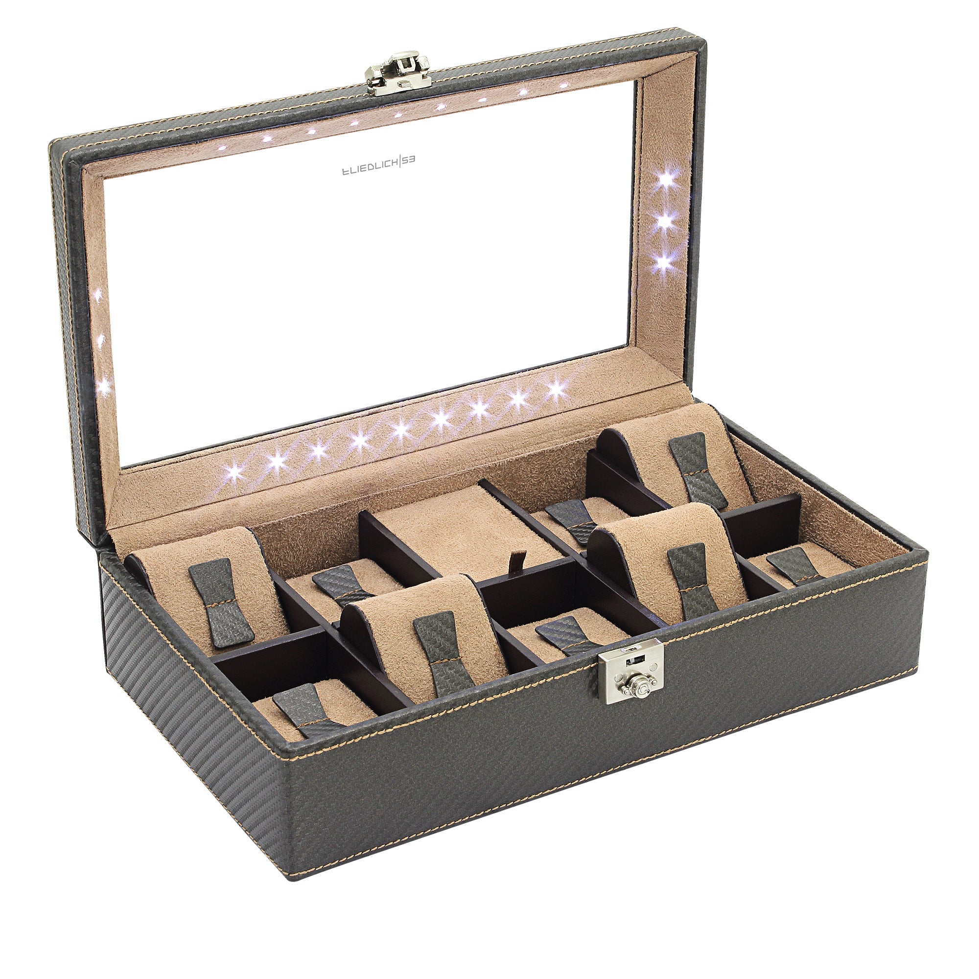 CARBON Uhrenbox für 9 Uhren mit LED Beleuchtung