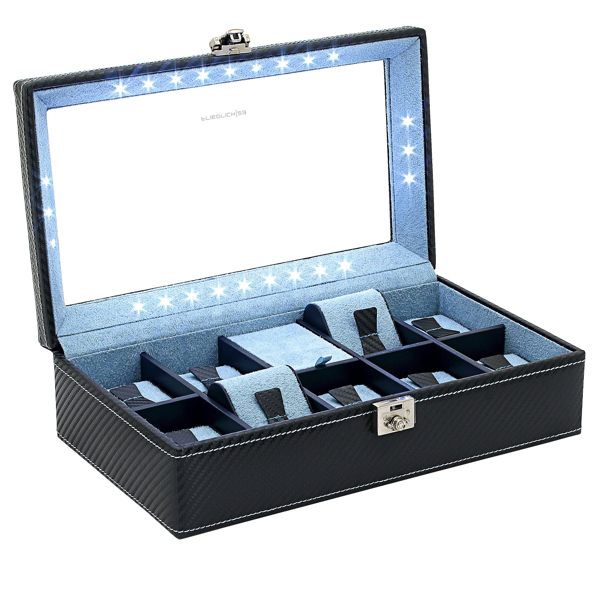 CARBON Uhrenbox für 9 Uhren mit LED Beleuchtung