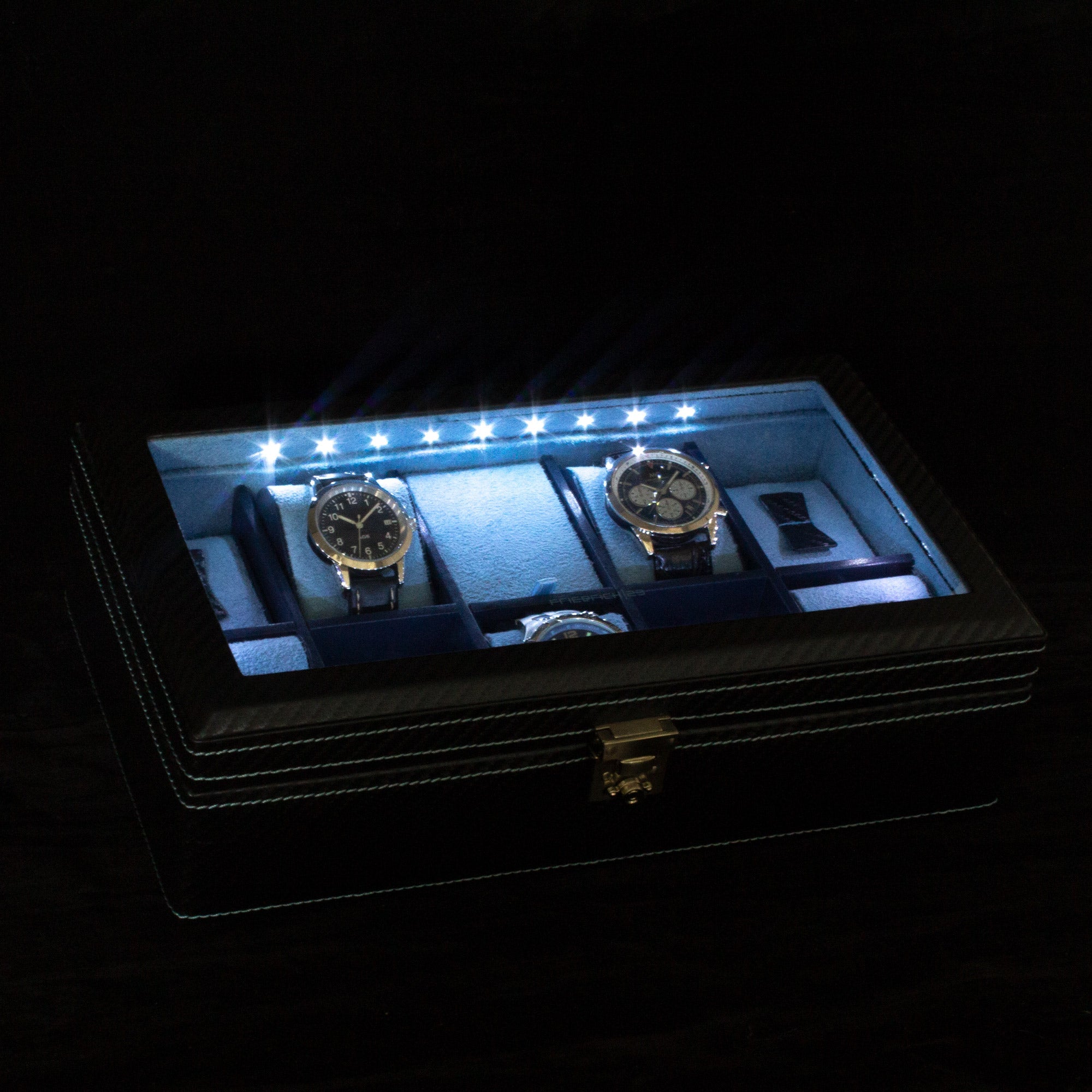 CARBON Uhrenbox für 9 Uhren mit LED Beleuchtung