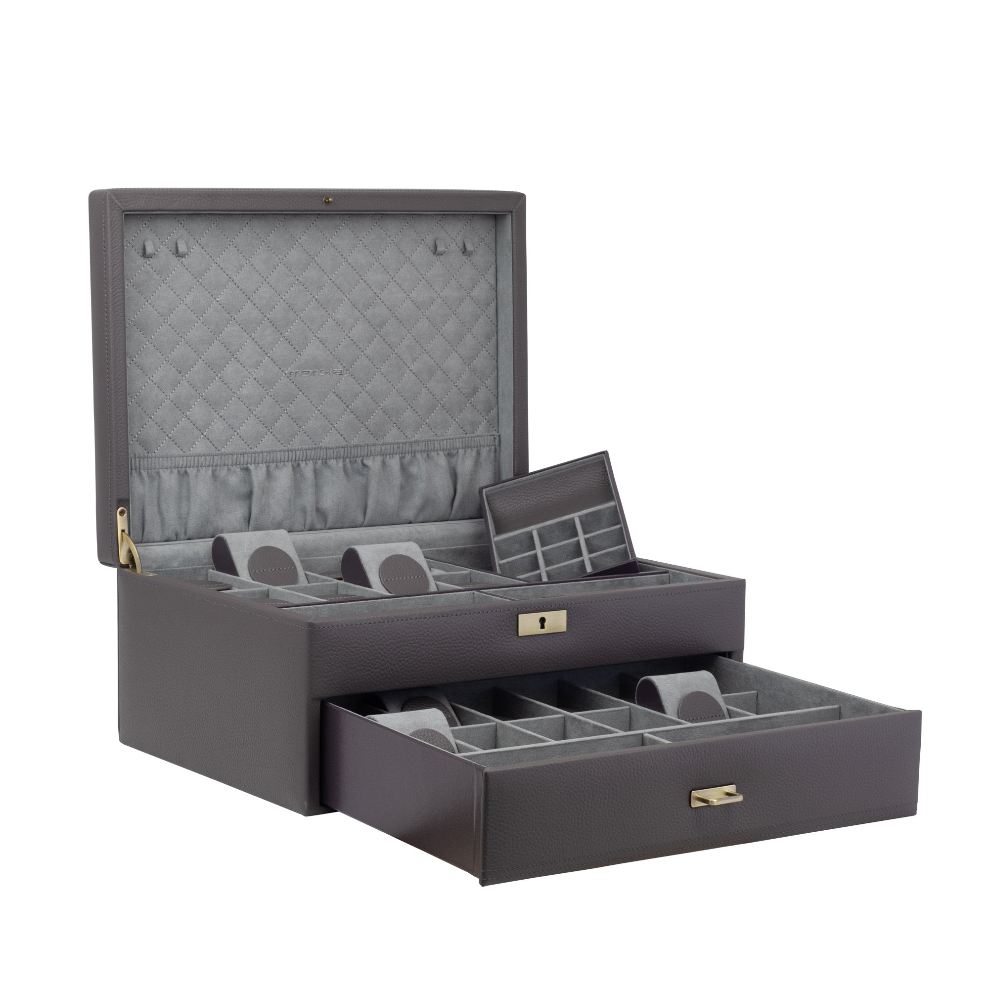 Seitliche Ansicht der grauen Uhrenbox aus Leder, herausnehmbarer Einsatz für Schmuck mit zusätzlichem Fach darunter, sowie 2 große Brillenfächer, genarbtes Leder, große Schublade mit 12 Uhrenfächer und 2 weiteren Brillenfächer