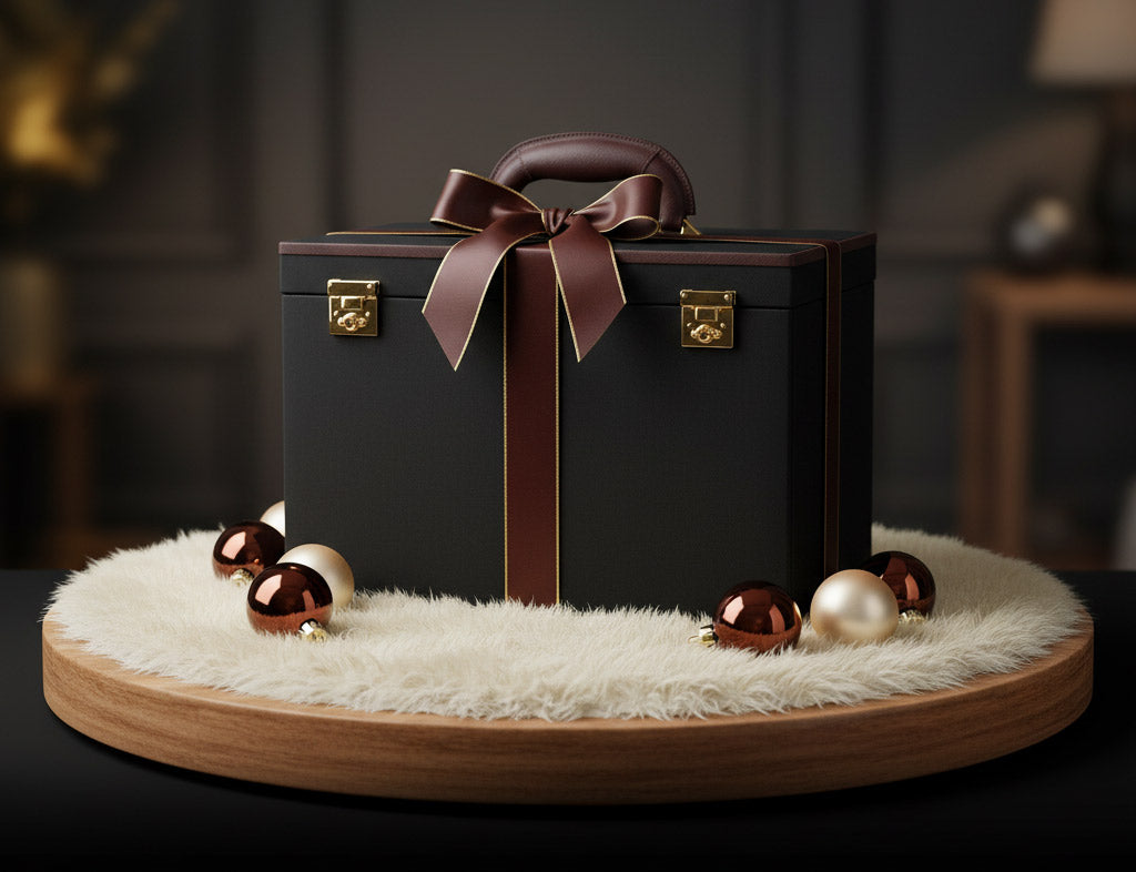 Ein großer Schmuckkasten eingepacktk mit einer Schleife, auf einem runden Tisch, daneben Christbaumkugeln .